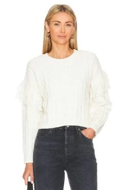 Fringe Sleeve Cable Sweater Antique White