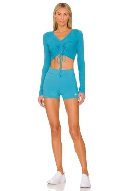 Ribbed Cropped Cinch Long Sleeve Blue Splash 9 Ribbed Cropped Cinch Long Sleeve Blue Splash -Fashion Women's Clothing Store ALOR WS141 V4