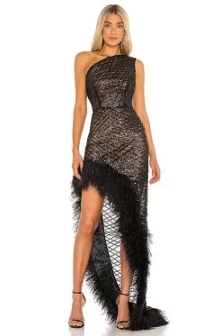 Lola Sheer Feather Gown Black