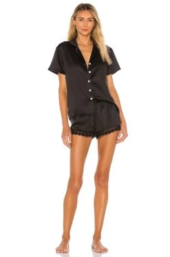 Victoria Charmeuse Notch Short Set Black