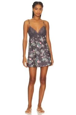 Andrea Printed Shimmer Charmeuse Lace Chemise Grey
