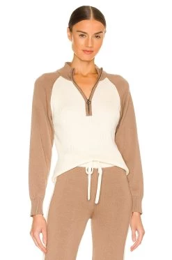 Color Block Raglan Half Zip Sweater Light Khaki & Ivory