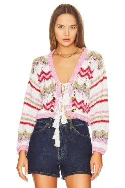 Bouclé Tie Front Cardigan Zig-zag White