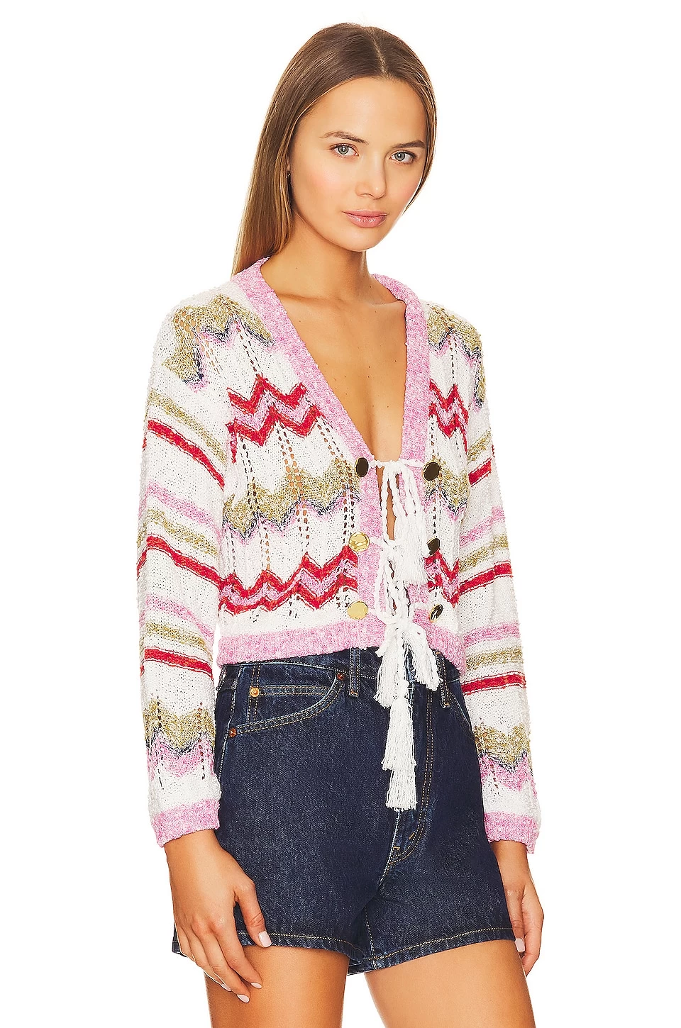 Bouclé Tie Front Cardigan Zig-zag White 4 Bouclé Tie Front Cardigan Zig-zag White - Image 2