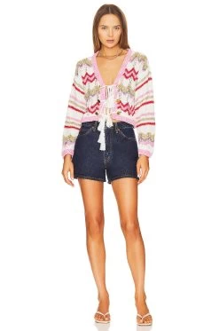 Bouclé Tie Front Cardigan Zig-zag White 9 Bouclé Tie Front Cardigan Zig-zag White -Fashion Women's Clothing Store HAYR WK22 V4