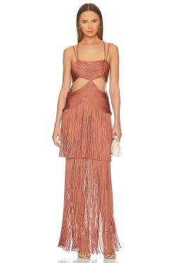 HERVE LEGER Strappy Bandeau Fringe Gown Terracotta