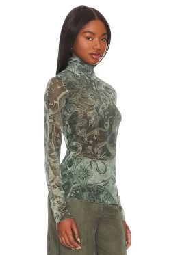 Montana Printed Mesh Charli Turtleneck Army Astrology -Fashion Women's Clothing Store JDAR WS185 V2