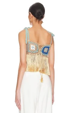Hand Crochet Patchwork Fringe Crop Top Malibu Blue -Fashion Women's Clothing Store MYBR WS11 V3