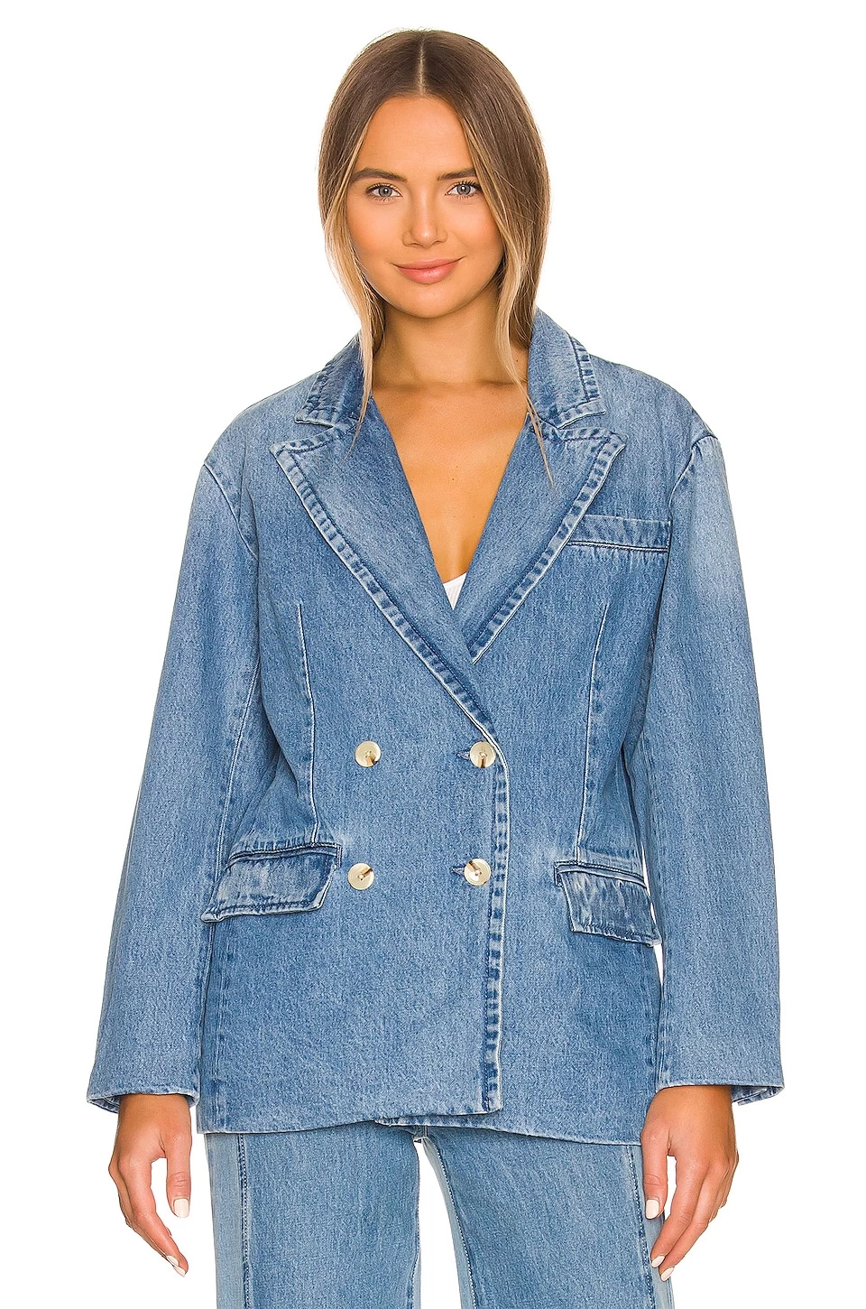 Double Breasted Denim Blazer Medium Blue 4 Double Breasted Denim Blazer Medium Blue - Image 2